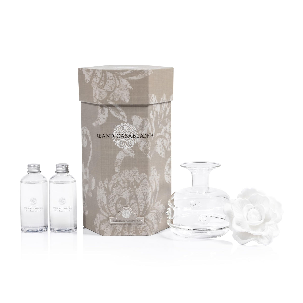 Zodax Grand Casablanca Porcelain Oil Diffuser - Home Fragrance Oil Diffuser Ideal for Living Room, Bathroom, Office - Flower Design - Gift Box Packaging Included - Tahitian Gardenia - 6.76 Oz.