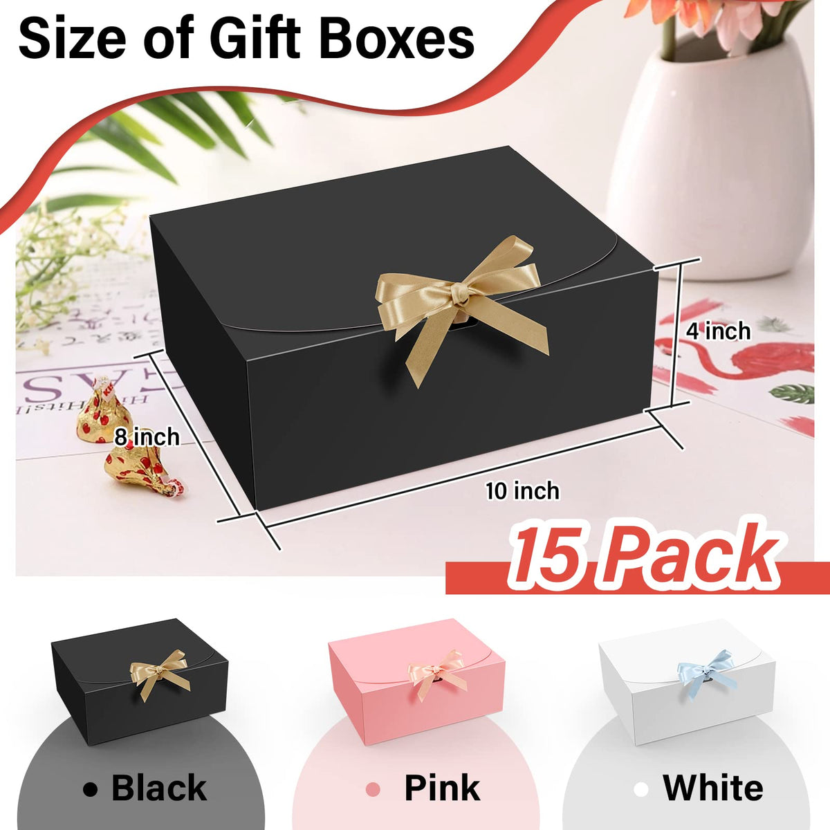 PEKGRIL 15 PCs Gift Boxes with Lids, Black 10X8X4 Inch Gift Boxes, Bridesmaid Proposal Box with Ribbon, Kraft Paper Boxes for Wedding, Packaging, Present, Birthday, Christmas, Party