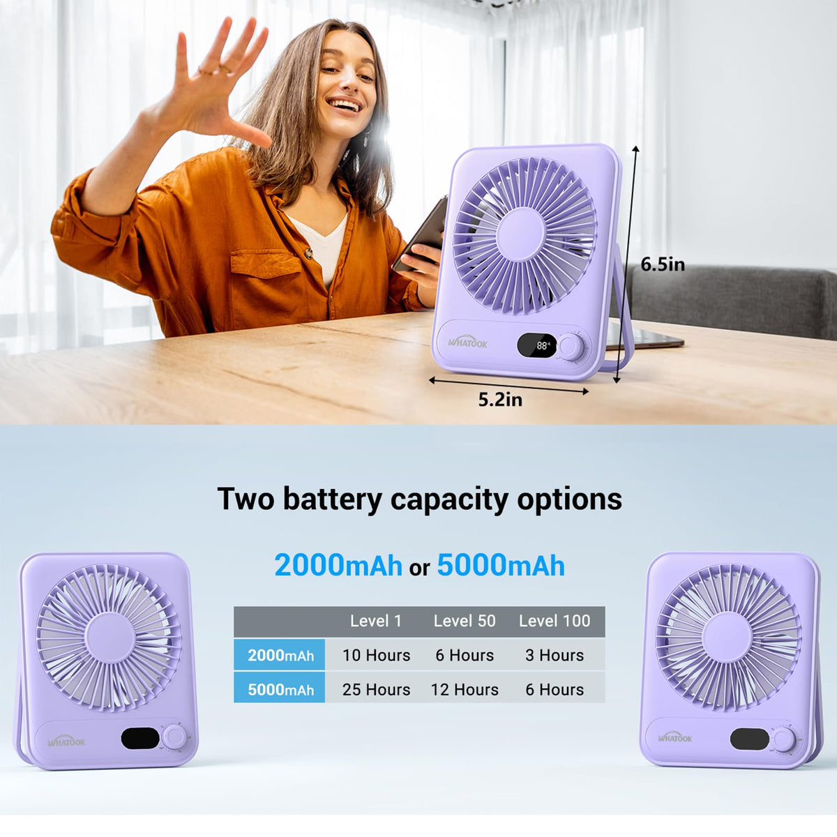 WHATOOK Desk Fan 2 Pack: 100 Speeds Stepless Control 2000mAh Battery Operated Portable Fan, Rechargeable Table Fan for Cruise Ship Essentials, Gift for Couples, Dorm, Office, Bedroom(Black and Purple)