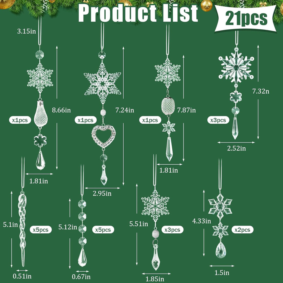 Skiennix Crystal Ornaments - 21pcs Sparkling Snowflake Christmas Tree Decorations | Holiday Home Decor