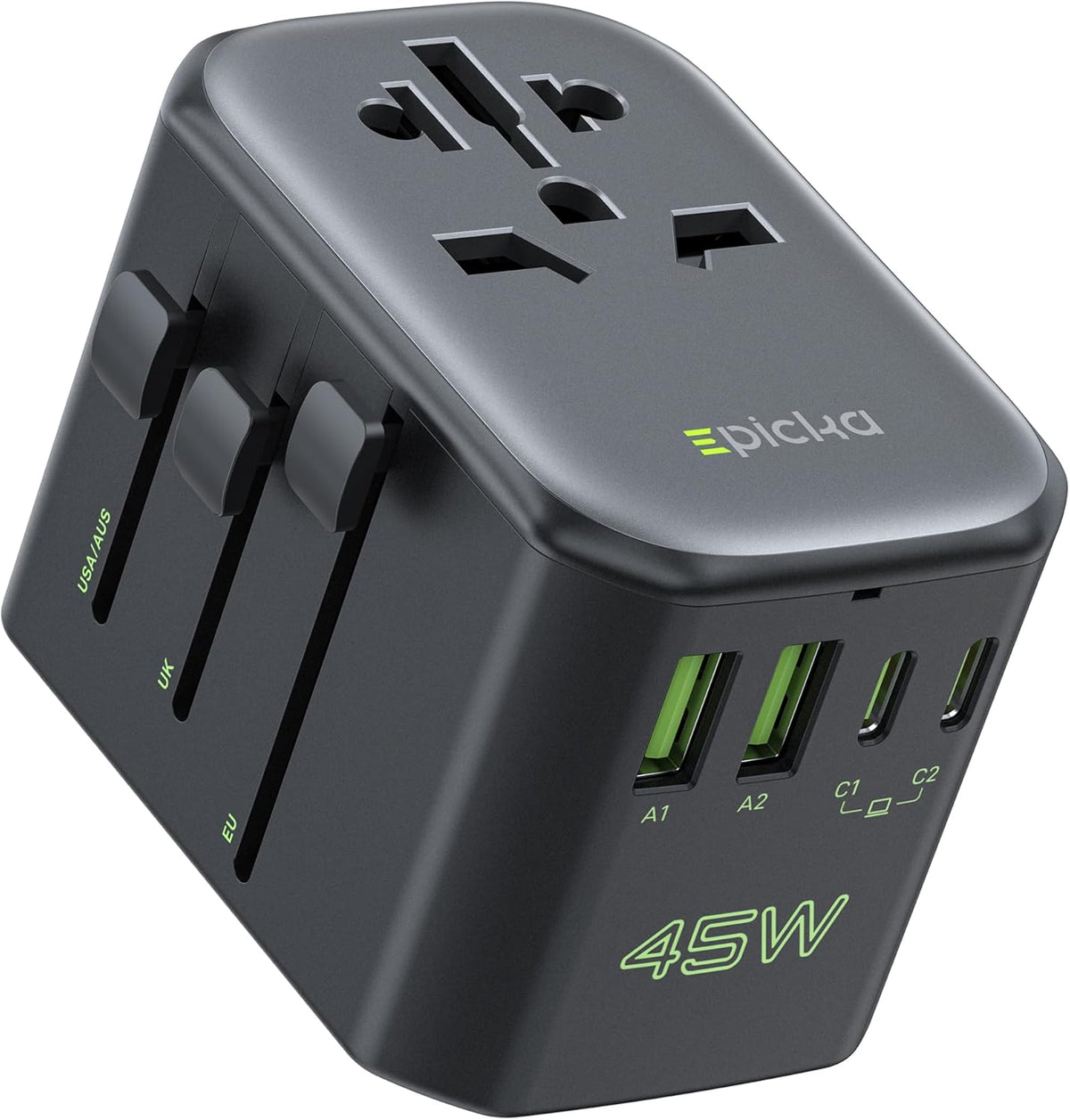 EPICKA 45W 5-Port (1 AC/2 USB-A/2 Pulse International Power Adapter, Universal Travel Adapter with PD Fast Charging