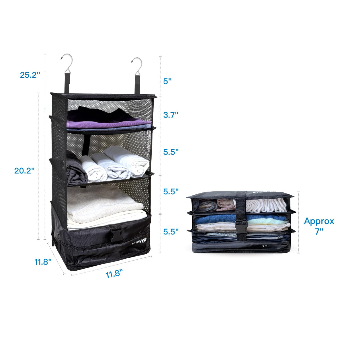 Grand Fusion Stow-N-Go Packing Organizer for Luggage, Portable Hanging Travel Shelves, Carry-On Closet, Hanging Packing Cubes, Collapsible Carry-On Organizer for Cruises & Hotels. Black - L