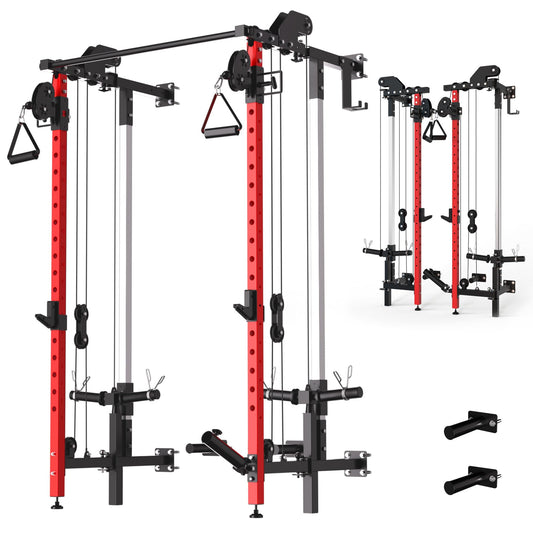 Garvee Folding Squat Rack, Wall Mounted Power Rack with Dual Independent Pulley System & Pull Up Bar, Multi-Function Power Cage with for Home Gym Space-Saving
