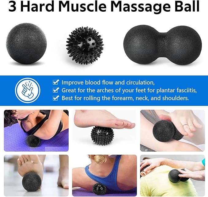 7 in1 Foam Roller Set for Deep Tissue Muscle Massager - High Density Back Roller, Muscle Roller Stick, Resistance Bands, Foot Massage Ball, Stretching Strap for Exercise, Whole Body Physical Therapy