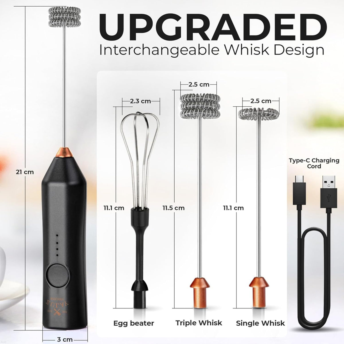 Zulay Kitchen Rechargeable Milk Frother - 3 Speeds & 3 Whisk Attachments - USB Charging for Lattes & Cappuccinos - Black Copper