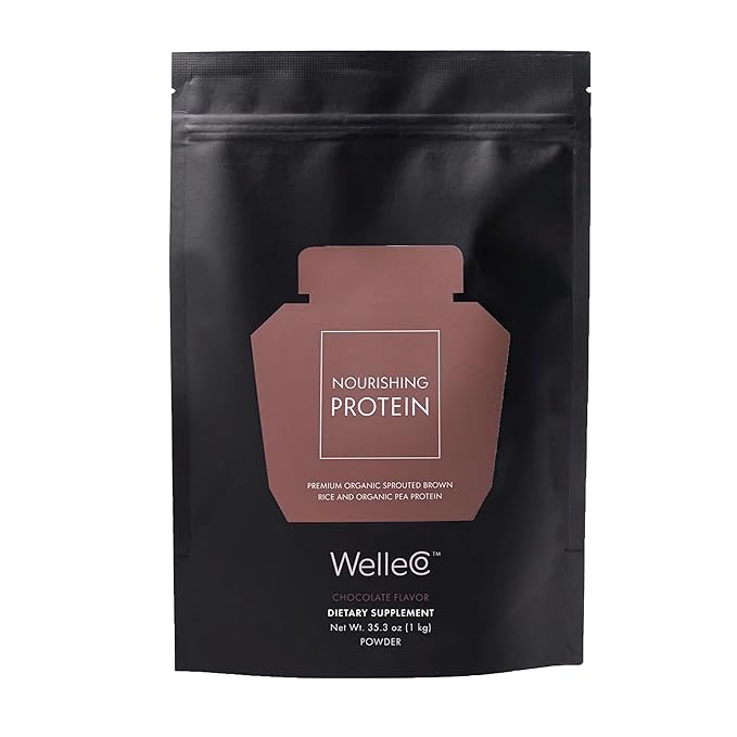WelleCo Vegan Protein Powder, Gluten Free Premium Organic Sprouted Brown Rice & Pea Protein Blend, 6g Carbs & Dairy Free, for Energy, Muscle Recovery, 16g Protein Per Serving, Chocolate, 35.2oz Pouch