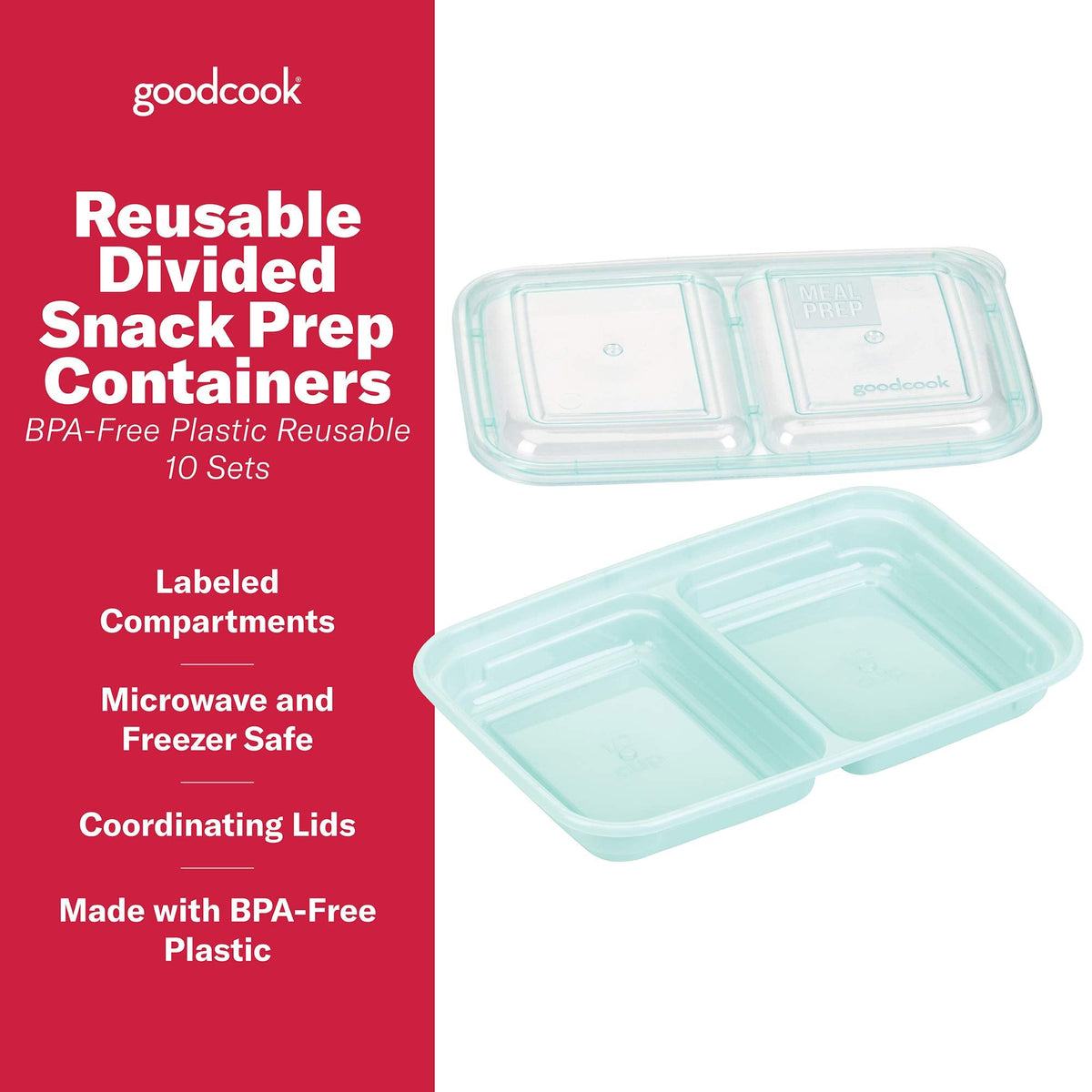 GoodCook 2-Compartment Food Storage Container Set with Snap-Shut Lids, Reusable Divided Snack Containers with Lids, Set of 10, Blue