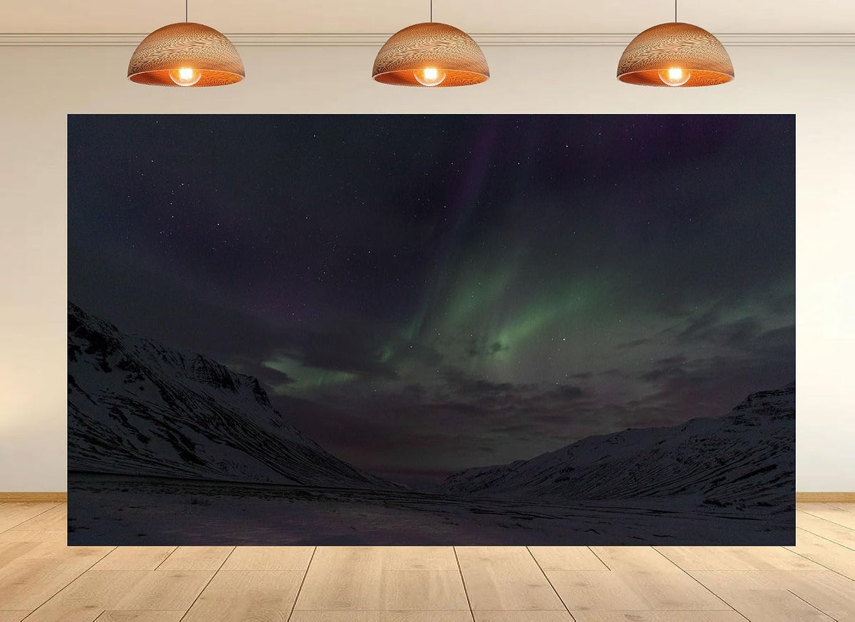 UPXIO 10x8ft Aurora Borealis Snowy Mountain Backdrop Starry Night Sky and Green Northern Lights Photo Background