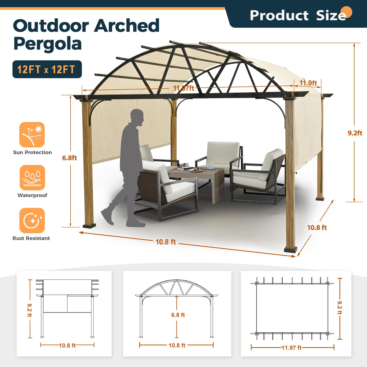 HAPPATIO 12' X 12' Outdoor Pergola with Sling Retractable Canopy, Wood-Like Aluminum Patio Pergola Shade Arched Top for Patio, Backyard, Garden,Poolside