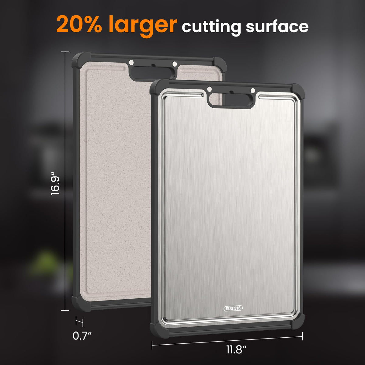 Premium 316 Stainless Steel Cutting Board for Kitchen Extra Large 16.9" x 11.8" Best Non-Toxic Chopping Board for Meat Food-Grade Metal & Eco-Friendly Wheat Straw Dual-Sided Healthy Kitchen Essential