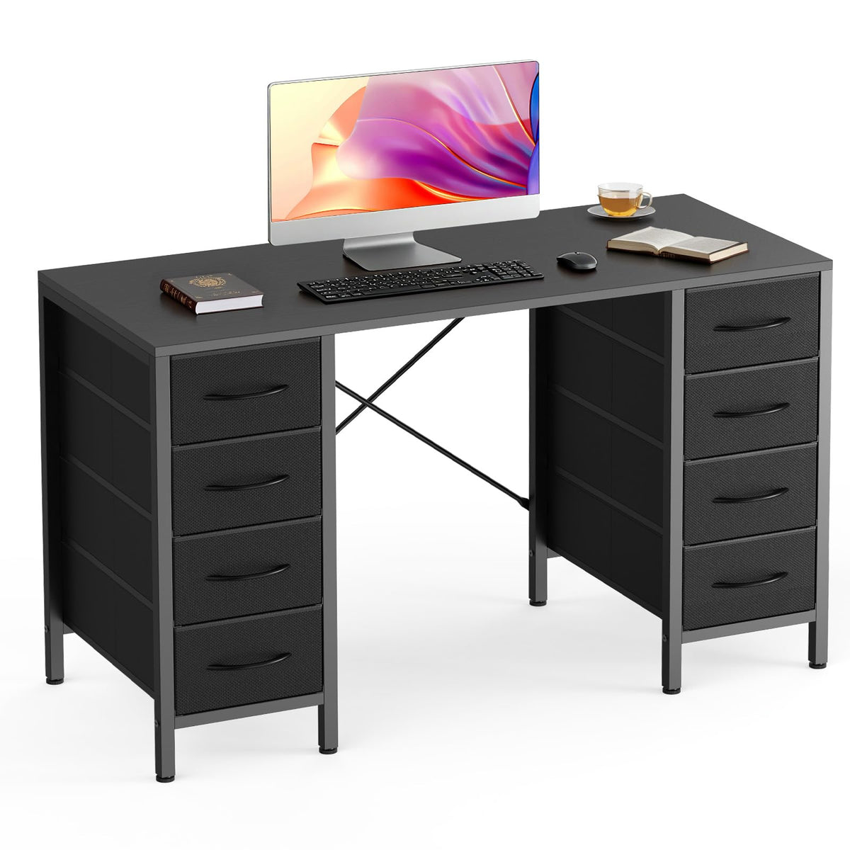 DUMOS 47 Inch Computer Desk with 8 Fabric Drawers, Office Gaming Desk with Storage, Writing Study Table with X-Shaped Reinforced Structure, Black