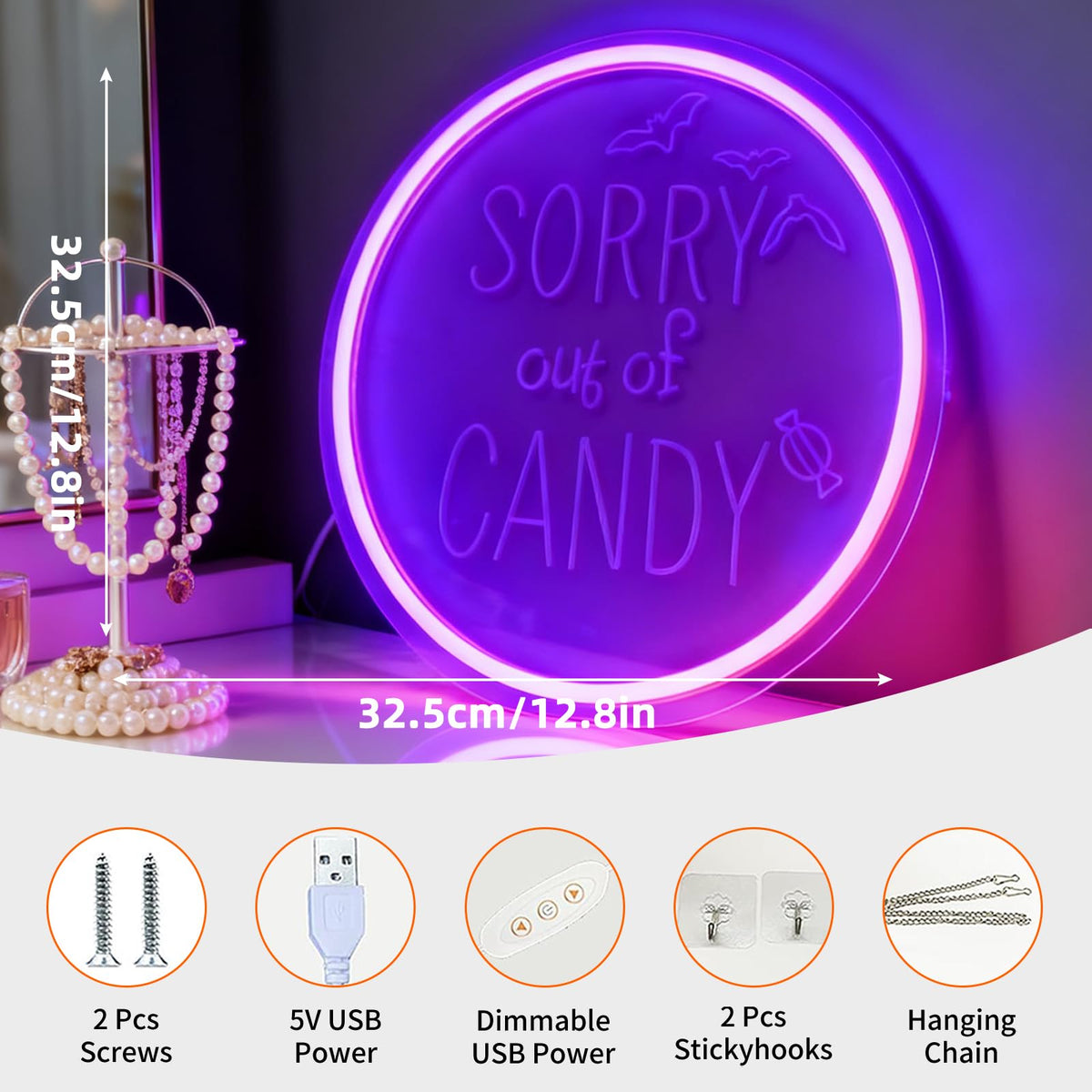 Sorry Out of Candy Neon Sign, Purple Halloween Theme Neon Light, Candy Store Home Party Wall Table Decor, USB Powered LED Decorative Light 12.8 x 12.8 In
