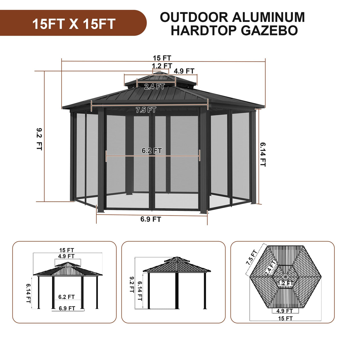 15x15FT Hexagon Hardtop Gazebo Heavy Duty Aluminum Frame Outdoor Gazebo Pergola Pavilion with Galvanized Steel Double Roof, Nettings & Ceiling Hook for Patio Backyard Deck Lawns