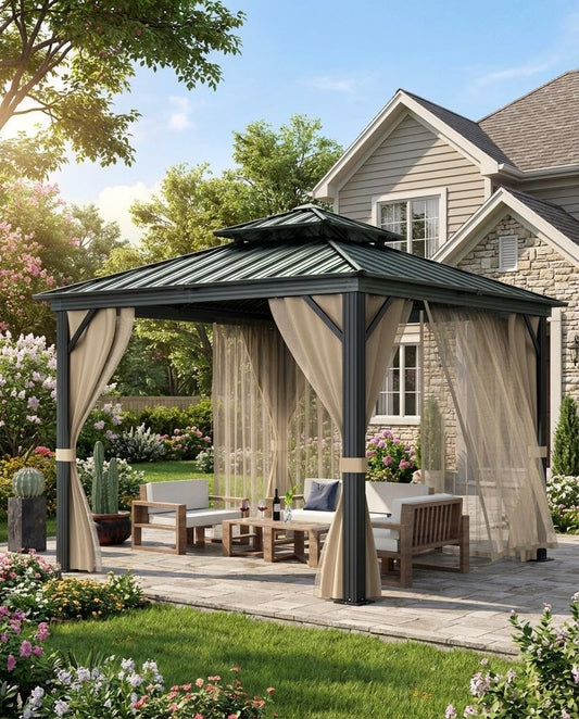 Garvee 12x12Ft Hardtop Gazebo, Double Metal Roof, Heavy Duty Gazebo Canopy for All Weather, with Nettings & Curtains, Aluminum Alloy Frame, Outdoor Gazebos for Patio, Backyard, Deck, Lawn, and Garden