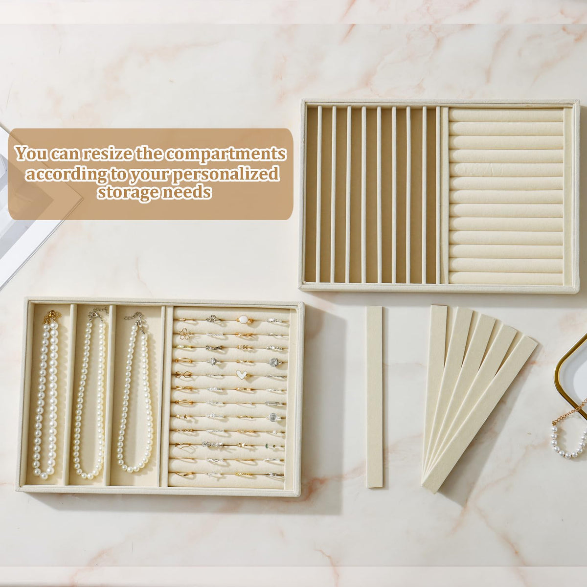 KATISYIO Large Jewelry Organizer for Drawer Insert Velvet Stackable Jewelry Trays for Earring Necklace Bracelet Ring Display (Beige, Ring and 9 Grids)