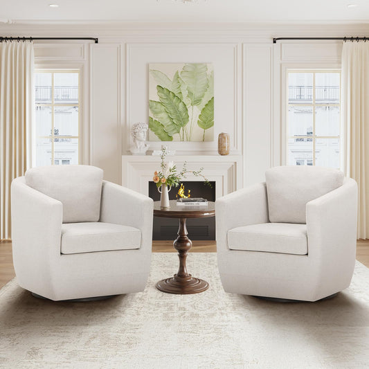 COLAMY 360° Swivel Accent Chair Set of 2 with Pillow, Living Room Armchair No-Sag Foam & Sturdy Metal Base, Fully Assembled Swivel Single Sofa for Bedroom Living Room, Reading Room, Beige