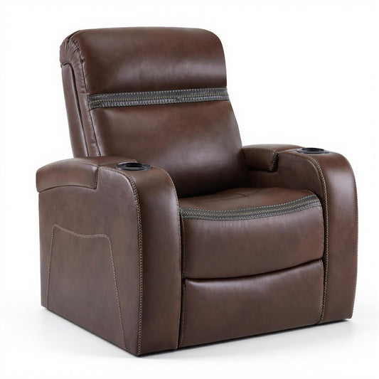 MCombo Power Recliner Chairs, Leather Recliner Chair for Adults, Home Theater Seating with Adjustable Headrest, USB Ports, LED Light & Armrest Storage, Recliners for Living Room HTS400 (Light Brown)