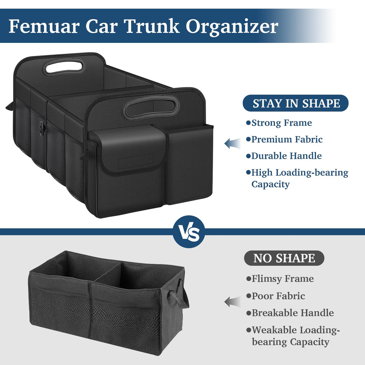 Femuar Car Trunk Organizer with Large Capacity Waterproof Car Accessories for Women & Men, Collapsible Trunk Organizer for Suv/Jeep/Sedan (Black, Standard)