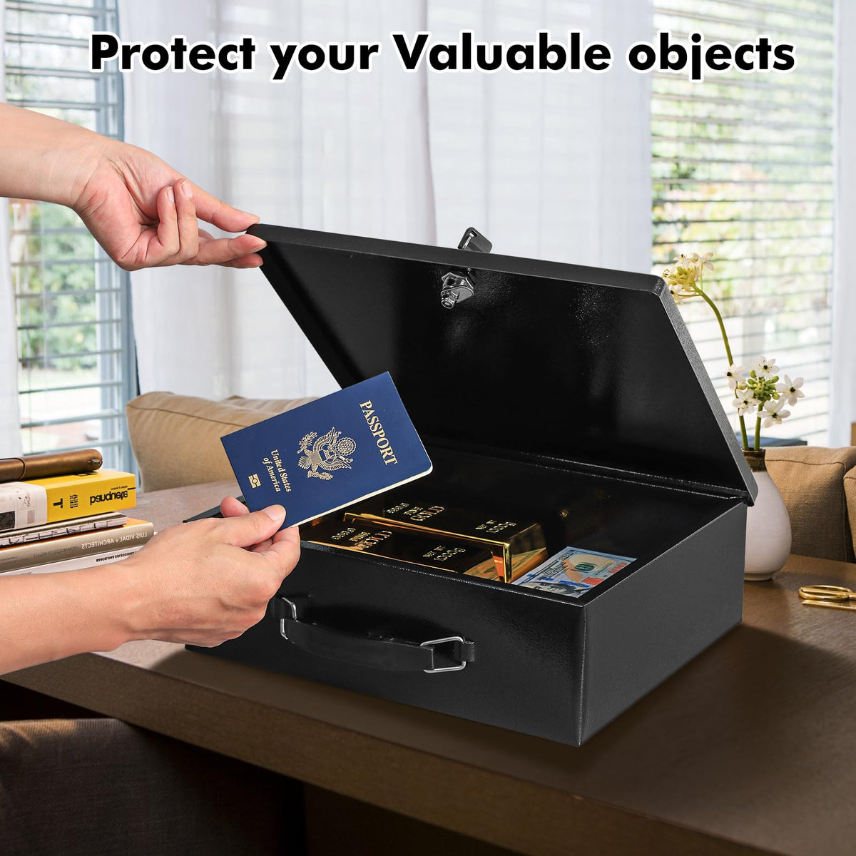 KYODOLED Fireproof Document Box with Key Lock, Small Lock Boxes for Personal Items, Fire and Water Resistance, Fireproof Safe Box for Documents, Jewelry, Passport, Cash, 12.6'' x 8.3'' x 4.3'' Black