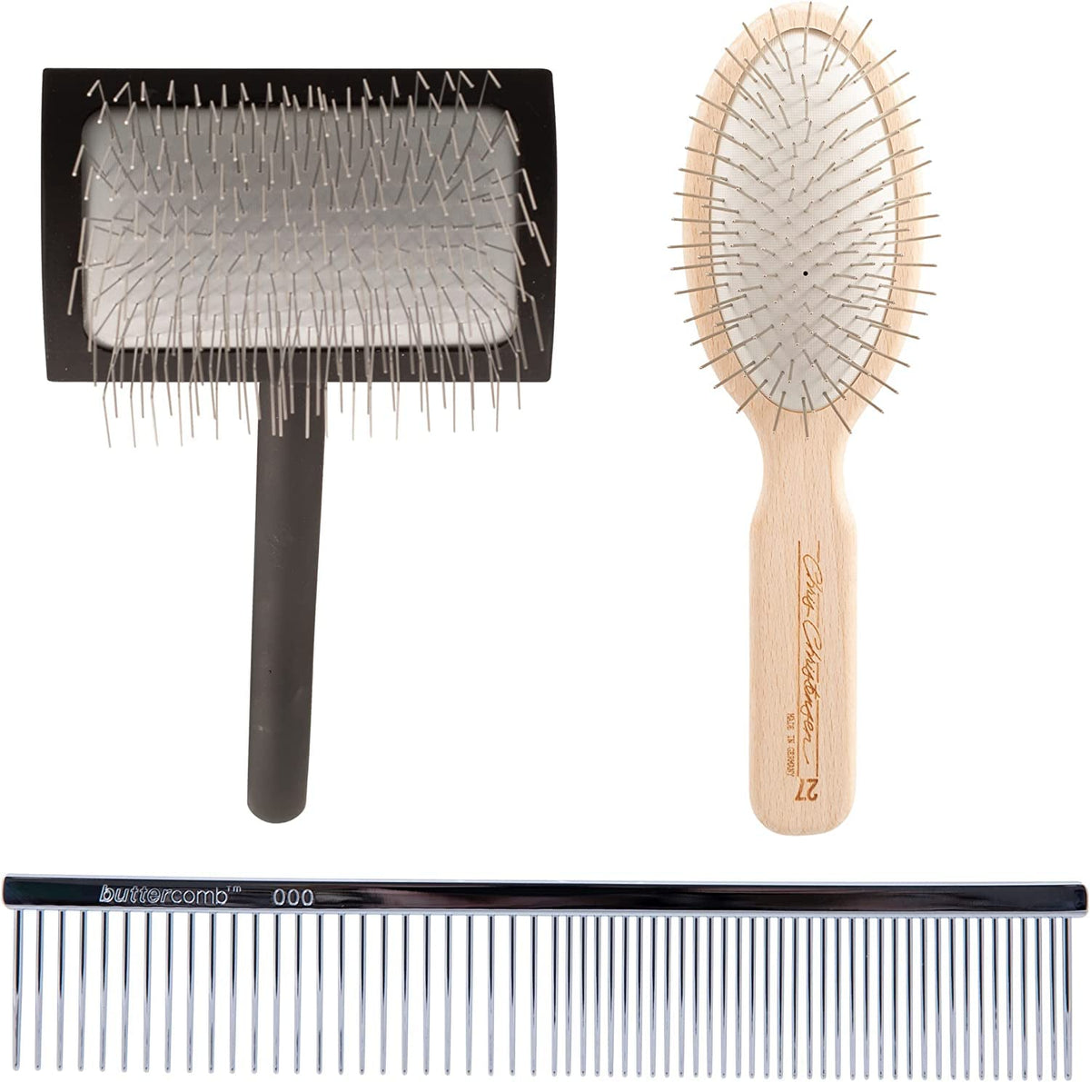 Chris Christensen Brush & Comb Bundle - Big K Slicker, 000 7.5 in Greyhound Style Fine/Coarse Comb, 27mm Original Series - Groom Like a Professional, Made in USA