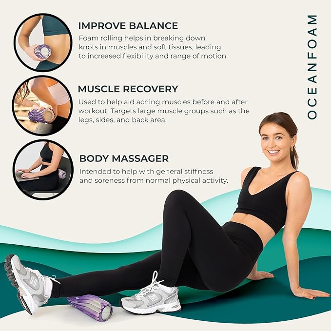 Oceanfoam Ripple Travel Foam Roller (11" x 3.35") Firm Mini Foam Roller for Physical Therapy, Deep Tissue Massage, Back Pain - High Density, Ergonomic Wave Textured - Yoga, Exercise (Purple Marbled)