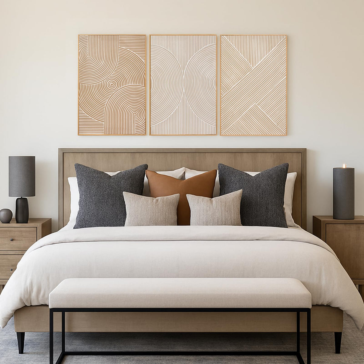 Zessonic Neutral Minimalist Textured 3D Wall Art Abstract Hand-Painted Framed Wall Decor Geometric Artwork Canvas Paintings- Living Room Bedroom Office - Modern Boho Neutral Line 16"x24" 3 piece
