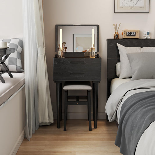 Muwuele Solid Wood Small Vanity Desk with Mirror and Lights, Narrow Makeup Vanity for Small Space, Flip Top Vanity Side Table, 3 Color Modes & Adjustable Brightness, 19.6" Slim Dressing Table, Black