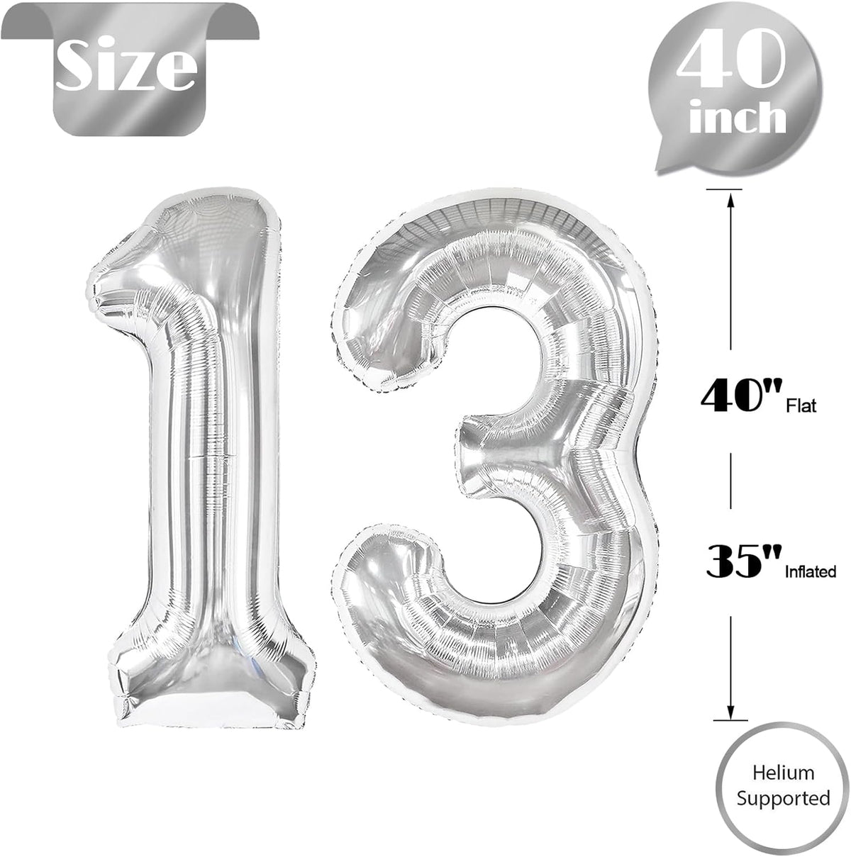 Silver Number 13 Balloon - 40 Inch Metallic Birthday Decoration for Kids' 13th Party