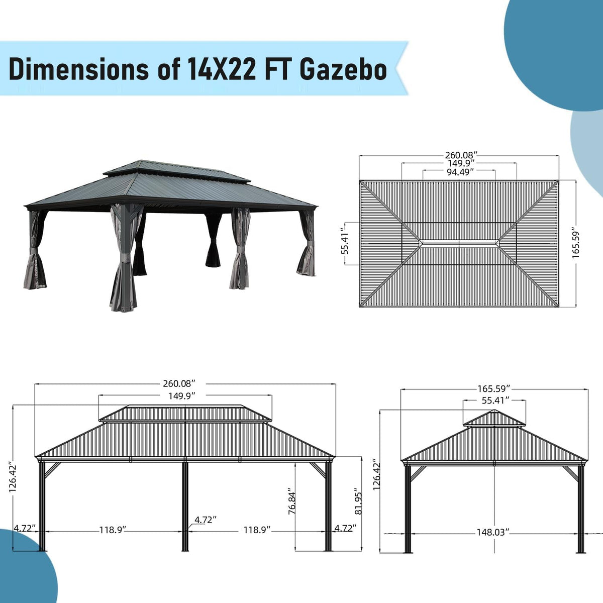 GOWE 14x22FT Hardtop Gazebo, Outdoor Gazebo with Galvanized Steel Double Roof, Aluminum Frame, Built-in Gutter System, Curtain and Netting, Metal Gazebo Pavilion for Patio Deck Garden, Grey