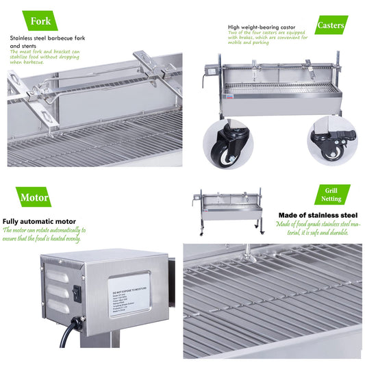 PreAsion 35 Inch BBQ Rotisserie Grill Roaster Stainless Steel Barbecue Charcoal Grill with Back Cover Automatic Rotary Pig Lamb Spit Kit 15W 110V