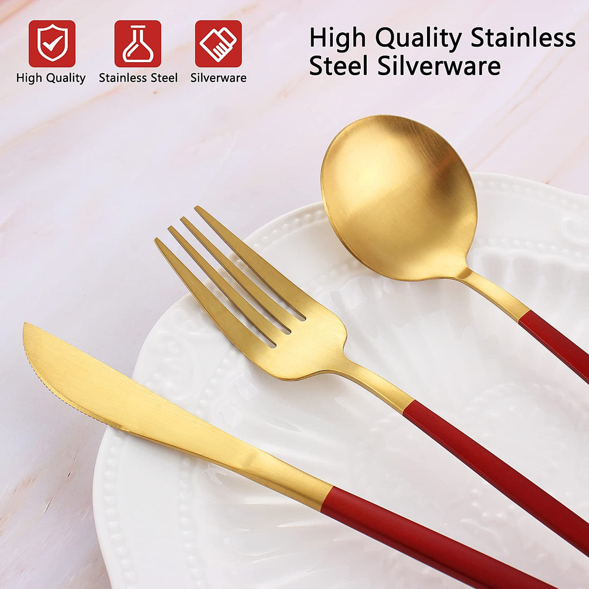 VANVRO Matte Red Gold Silverware Set, 20-Piece Stainless Steel Flatware Set, Satin Finish tableware Cutlery Set, Service for 4, Home and Restaurant, Dishwasher Safe
