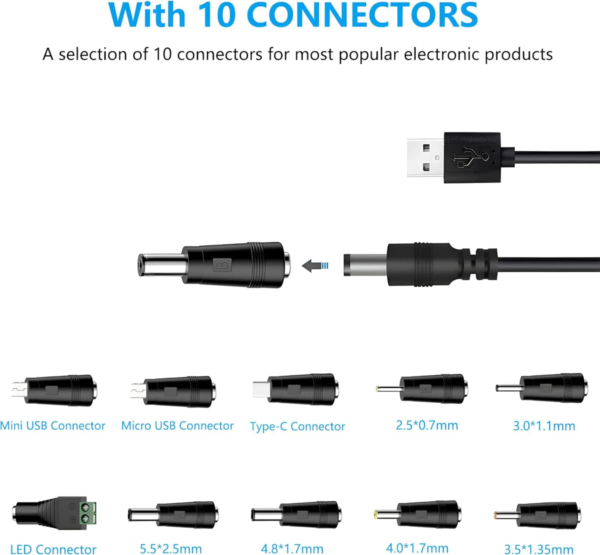 waremew 5V 5.5x2.1mm,with 10 2.5x0.7, 3.0x1.1, 3.5x1.35...) Universal Charger Power Cable, USB to DC Connectors