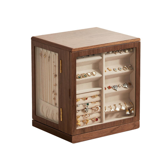 Homruilink Black Walnut Wooden Jewelry Box - 360° Rotating Jewelry Organizer for Women with 5 Drawers for Rings,Necklaces,Earrings and Bracelets -Large Storage Case - Ideal Gift