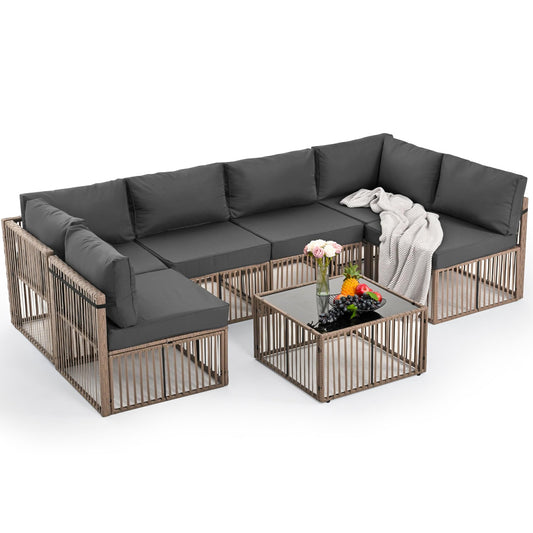 Pamapic 7 Piece Outdoor Sectional Sofa Set, All-Weather Patio Furniture with Washable Cushions, Waterproof Brown Rattan Wicker Conversation Set for Backyard, Poolside, Gray Cushion