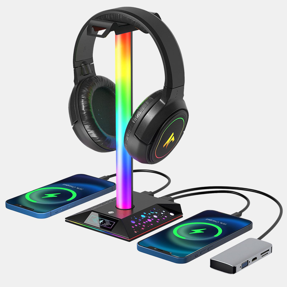 Xergur Gaming Headphone Stand PC Accessories - RGB Headset Stand with 2 USB Charger, Cool LED Headphone Holder PC Gaming Accessories for Boys Men Gamers, Computer Game Hardware for Desk