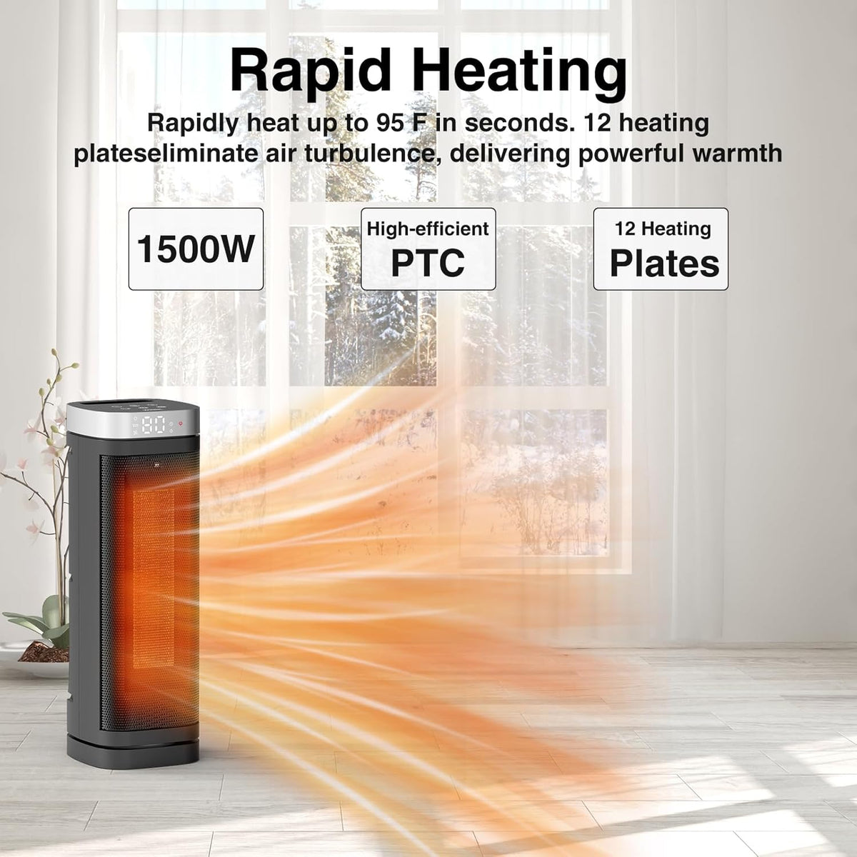 WINHL Electric Space Heater - 1500W PTC Ceramic with Thermostat, Remote & 70° Oscillation - 17 Inches for Home & Office