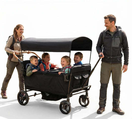 Voupou Stroller Wagon for 4 Kids Seated-Tandem Fold Stroller Push-Pull Lightweight Travel Trolley with 5-Point Harness,Adjustable Handle and Canopy,Mosquito Net,Footwells,Child Tray,Cup Holder,Storage