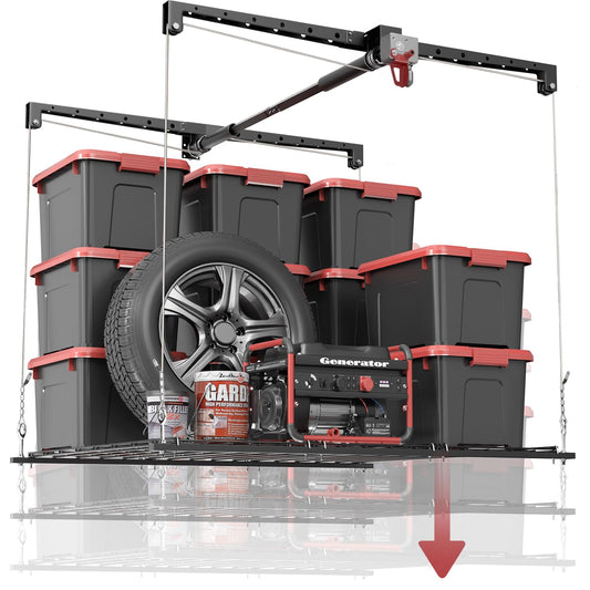 Overhead Garage Storage Rack for 12–14 FT Ceiling, Heavy-duty 4x4 FT Ceiling Storage Racks with Safety Lock, Ideal for Garage Storage Mounted Lift System and Storage Organizer, 250lbs Capacity