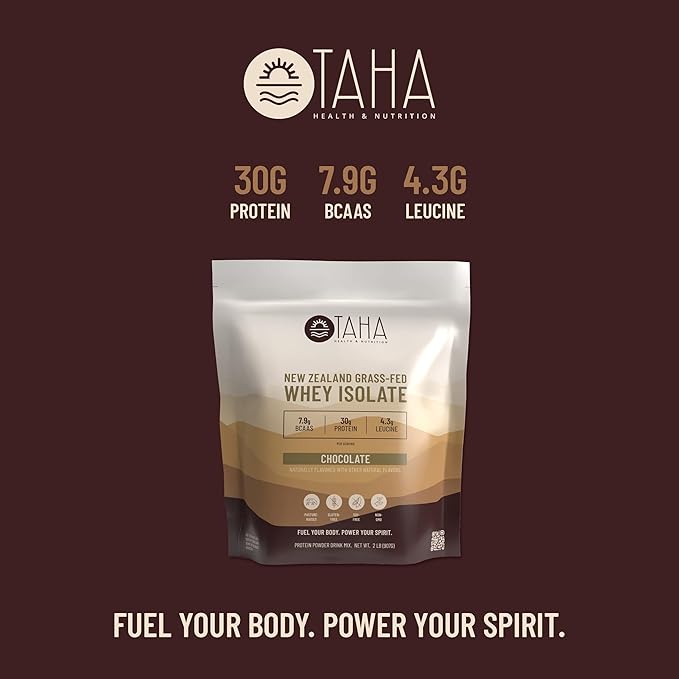 Taha Health & Nutrition Chocolate Whey Protein Isolate Powder, 30g Protein, 7.9g BCAAs, 4.3g Leucine | New Zealand Free-Range, Grass-Fed Dairy | Gluten-Free, Keto, Kosher | 2LB, ~24 Servings