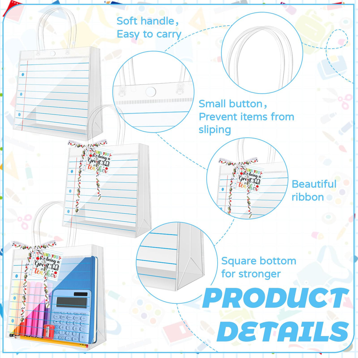 24 Sets Teacher Appreciation Gifts Bags Notebook Line Clear PVC Bags with Handle Thank You Tag Ribbon PVC Clear Candy Treat Goodies Tote Bags for Teachers' Day Classroom School Office Party Supplies