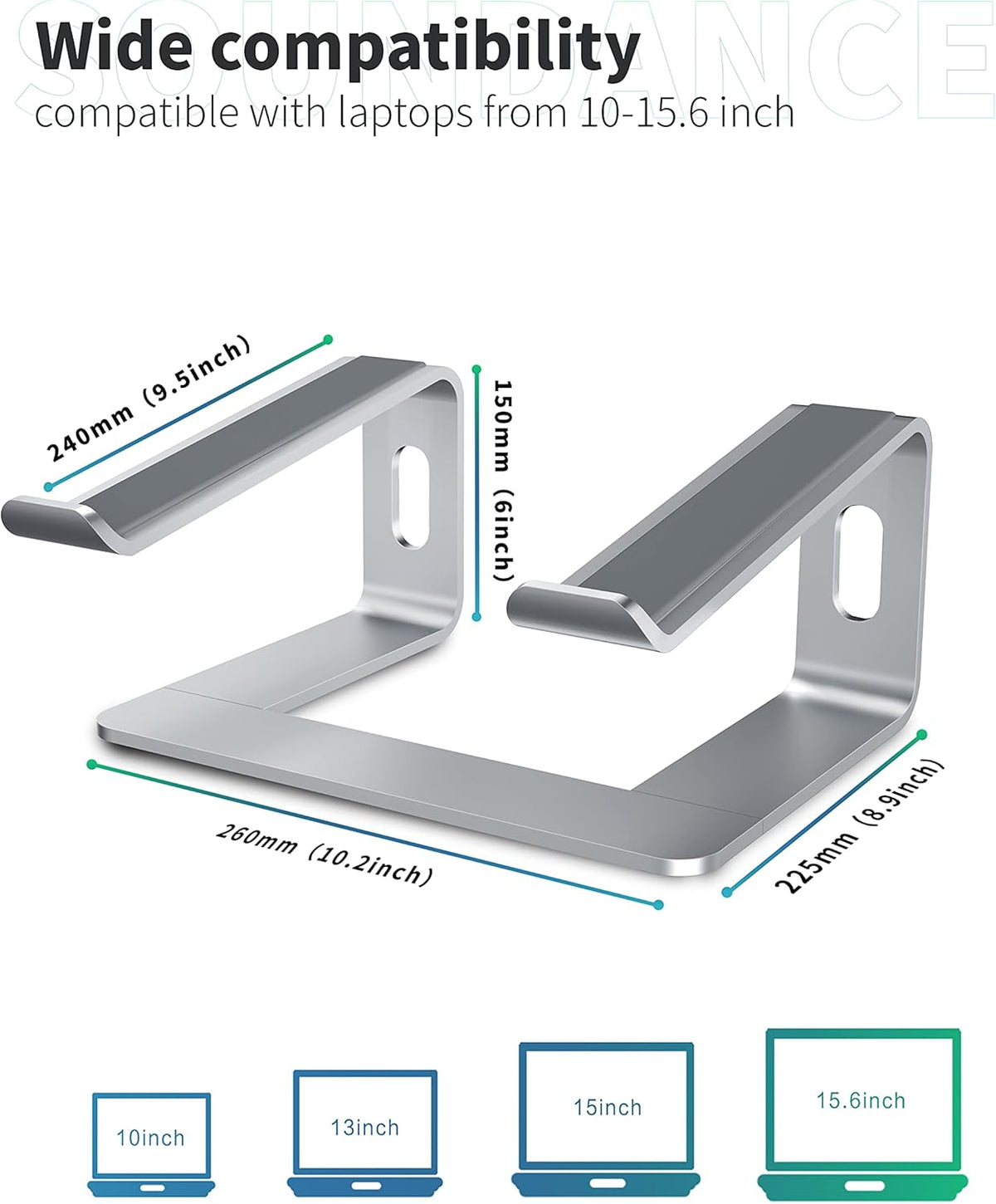 SOUNDANCE 10 15.6 Inches Laptop Stand, Aluminum Computer Riser, Ergonomic Laptops Elevator for Desk, Metal Holder