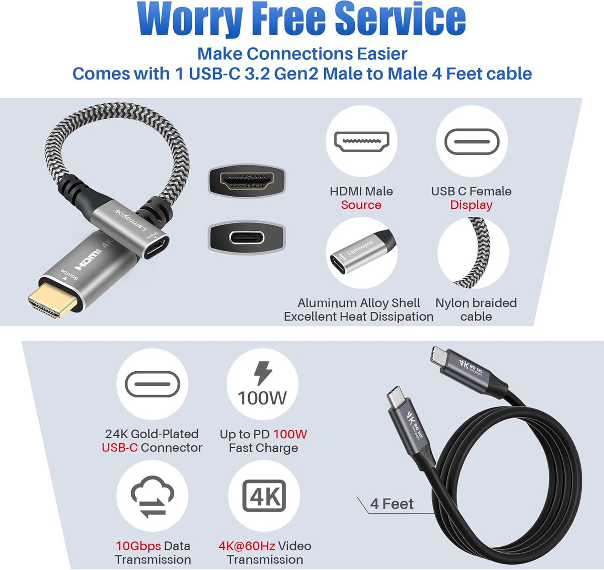 Lamroyce 3.1 1 4Feet, 4K@60Hz,PD 100W HDMI to USB-C Cable Adapter with USB Video Cable, Uni-Directional HDMI Male