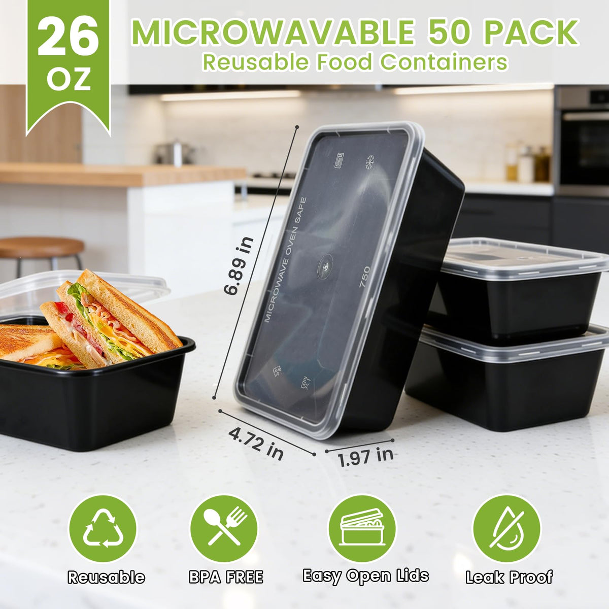 IUMÉ 50-Pack Meal Prep Containers, 26 OZ Microwavable Reusable Food Containers with Lids for Food Prepping, Disposable Lunch Boxes, Plastic Food Boxes- Stackable, Freezer Dishwasher Healthy