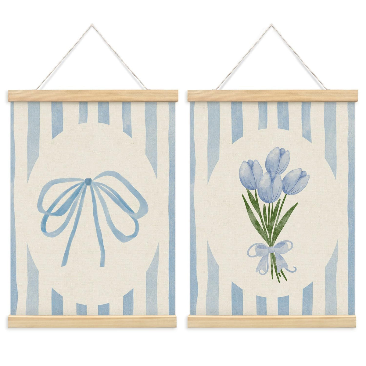 ETYZE Coquette Blue Bow Tulip Floral Wall Art Poster Hanger Frame, Spring Coquette Wall Decor, Preppy Girly Room Decor, Preppy Canvas Wall Art for Girls Room Dorm Apartment, 12x16 Inch Set of 2