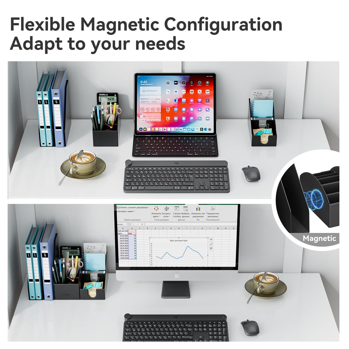 KONDOUND Magnetic Desk Organizer Set - Multifunctional PU Leather Desktop Storage with File Holder, 5-Tier Storage Box, Card and Sticky Note Slots, Office Supplies Accessories for Desk & Workspace