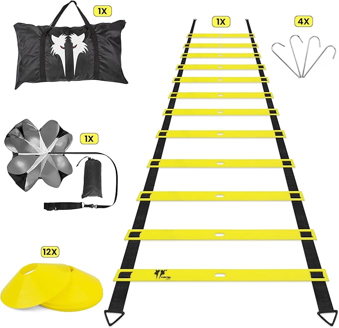 20ft Sports Agility Ladder for Men Women and Kids, Speed Youth Soccer Agility Training Equipment for Football, Exercise, Tennis, Legs Workout with Speed Parachute, Cones and Carry Bag