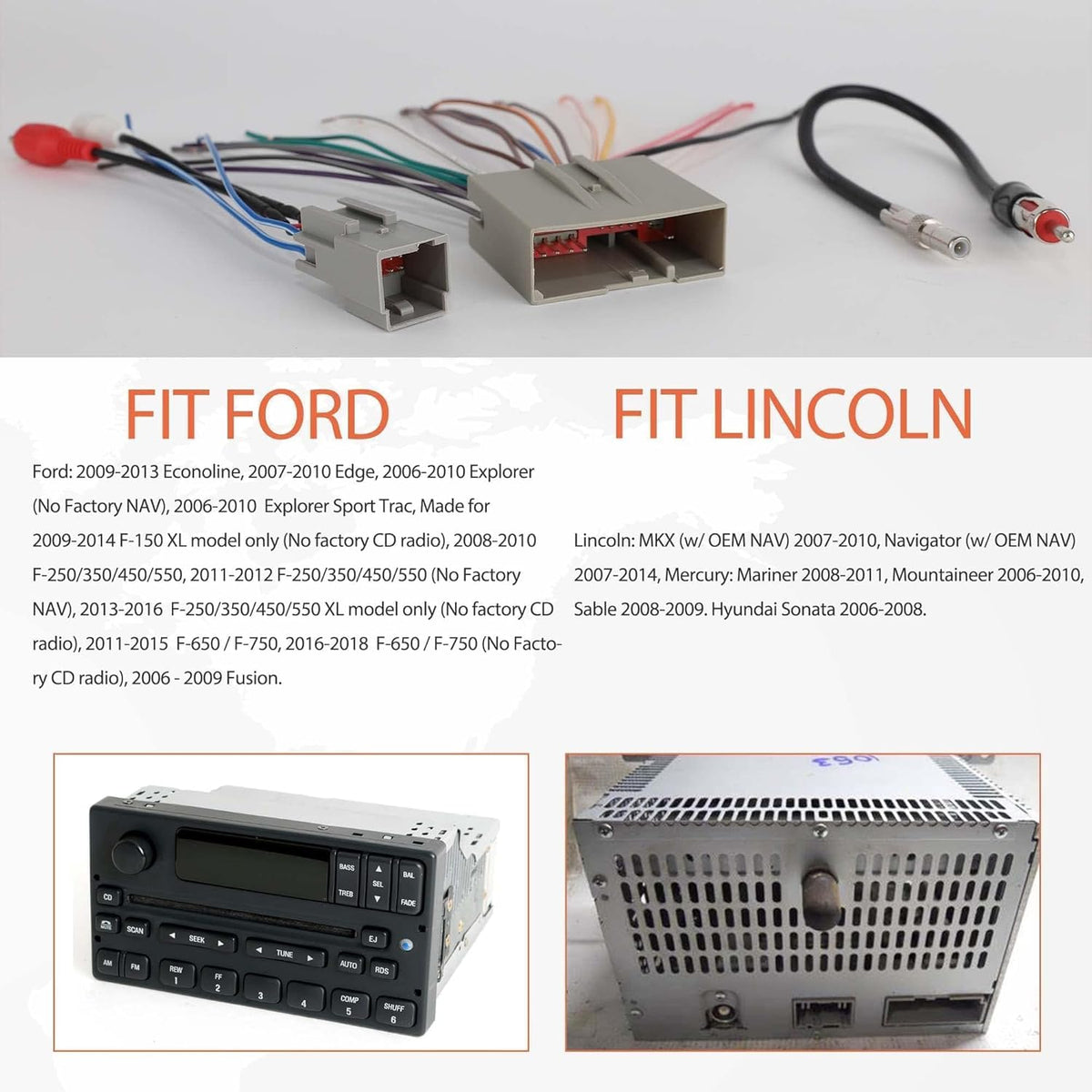 2006-2012, 2006-2010, 2006-2009 NuIth Car Radio Stereo Wire Harness Connector Antenna Adapter for Ford Lincoln Mercury