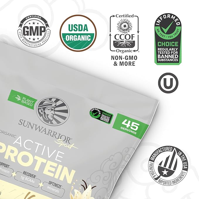 Sunwarrior Organic Plant Based Protein Powder | Vegan Organic Protein Powder with BCAA Amino Acids Plus Recovery Minerals & Botanicals | Non-GMO Soy Dairy & Gluten Free (Vanilla, 45 Servings)