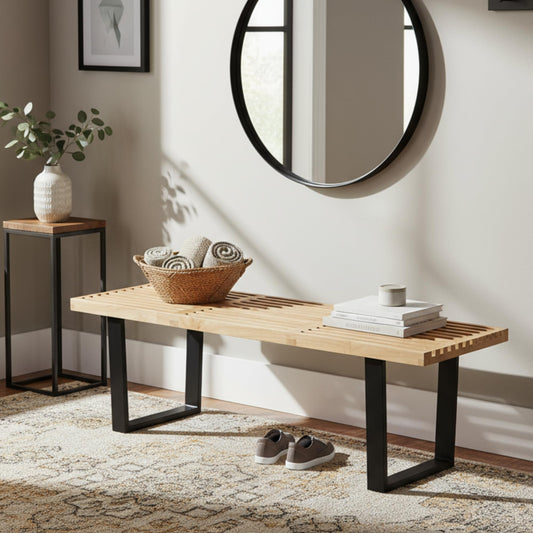 Hyfirm Natural Wood Dining Bench Nelson Slat Wooden Bench Entryway Bench, 55" Modern Wood Bench Indoor with Black Metal Legs Skeleton Seat for Living Room Bedroom End of Bed