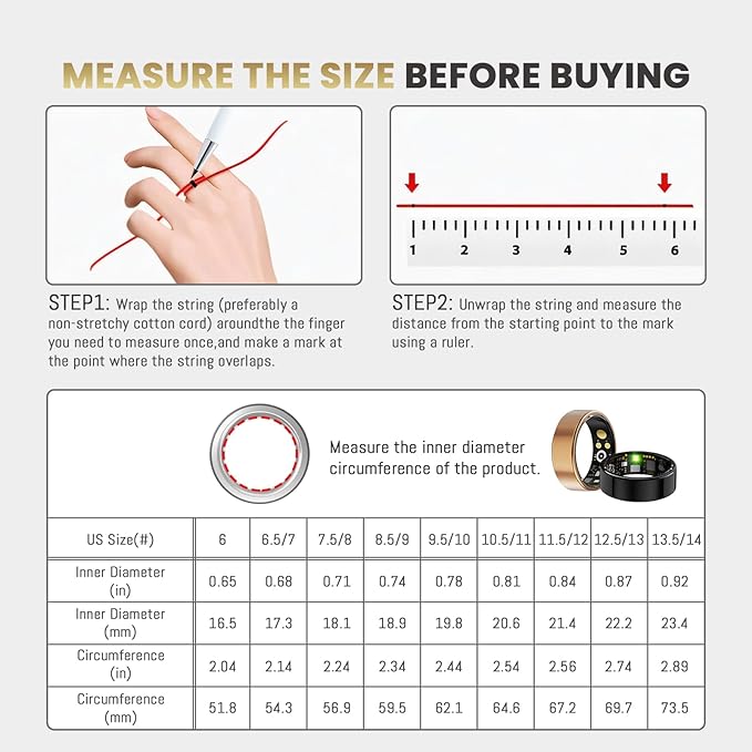 Smart Ring for Women Men, Health Tracker with Heart Rate/Blood Oxygen/Blood Pressure/Sleep Monitoring/Step Counting, IP68 Waterproof Fitness Ring, No App Fees for iPhone & Android (Black, 9#)